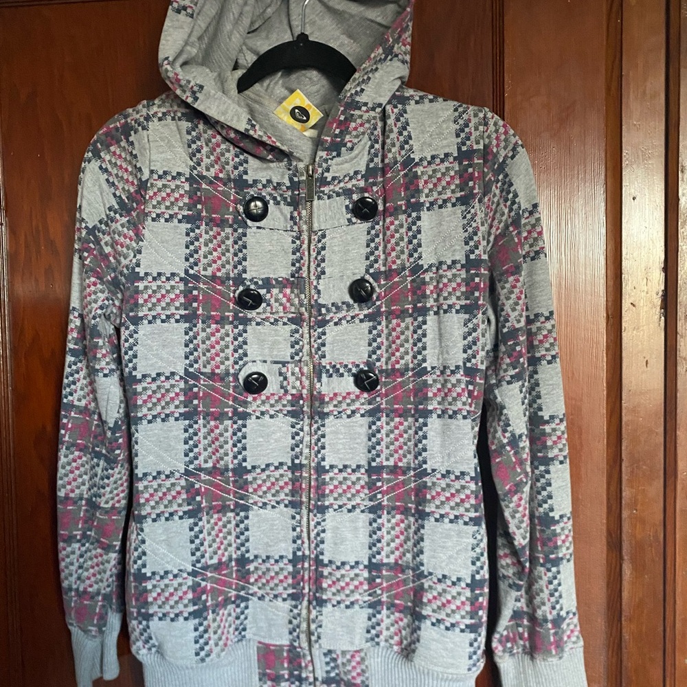 Roxy Gray and Red Plaid Bomber Jacket